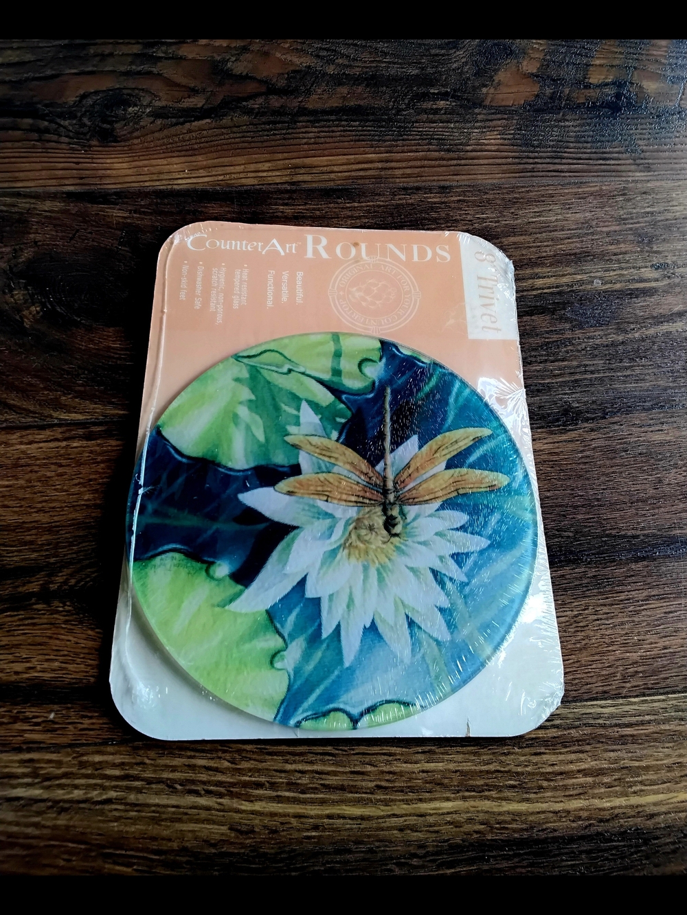 *NEW* Counter Art Rounds Dragonfly Water Lily Tempered Glass Trivet